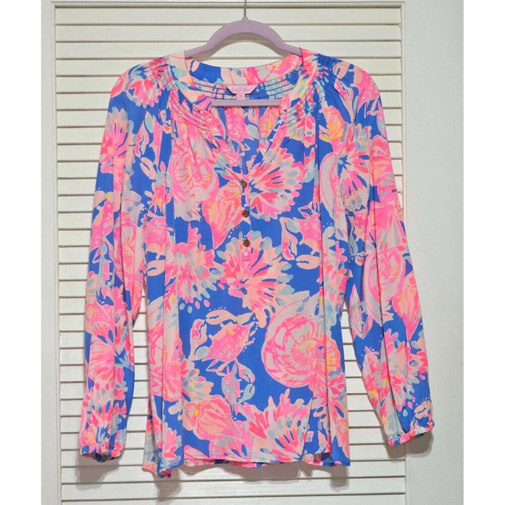 Lilly Pulitzer Women's Pink Blue ELSA 100% Silk SEASHELLS CRABS Blouse Sz L 2895 - Picture 7 of 10